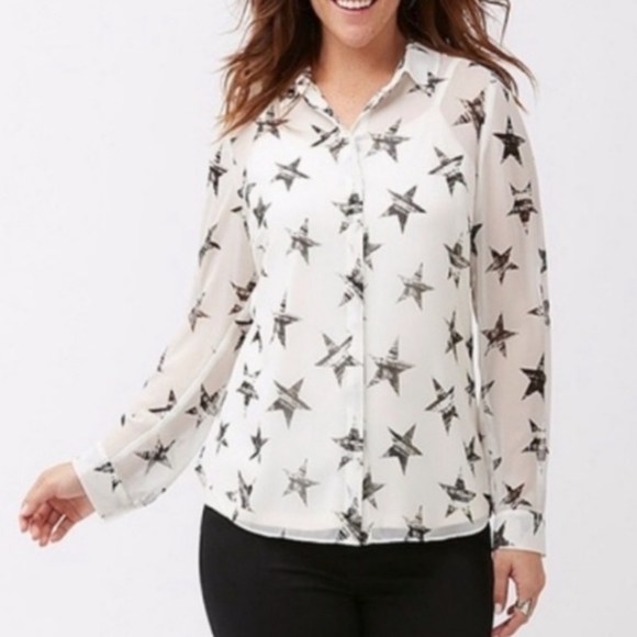 Lane Bryant Black & White Distressed Stars Plus Size 18/20 Button Up Blouse - Picture 2 of 13